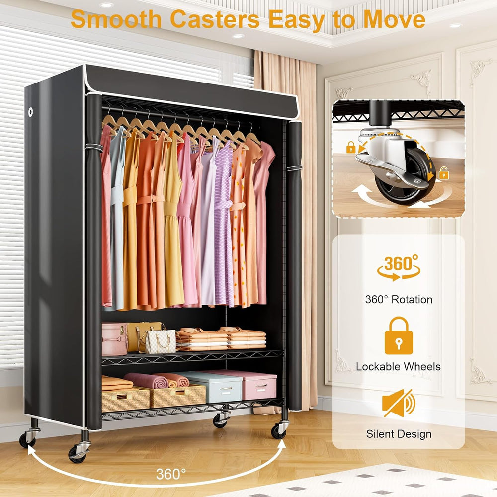 P6C Plus Rolling Clothes Rack with Cover, Covered Clothing Rack