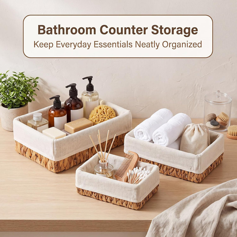 3 Pcs Wicker Storage Baskets with Liner, Water Hyacinth Rattan Baskets