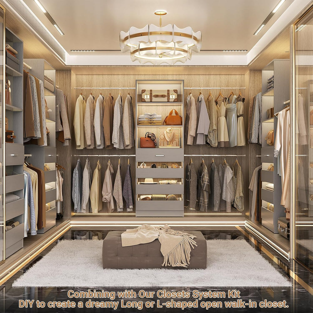 Aheaplus Closet System, 4-9Ft Closet Organizer with 4 Wooden Drawers, Grey