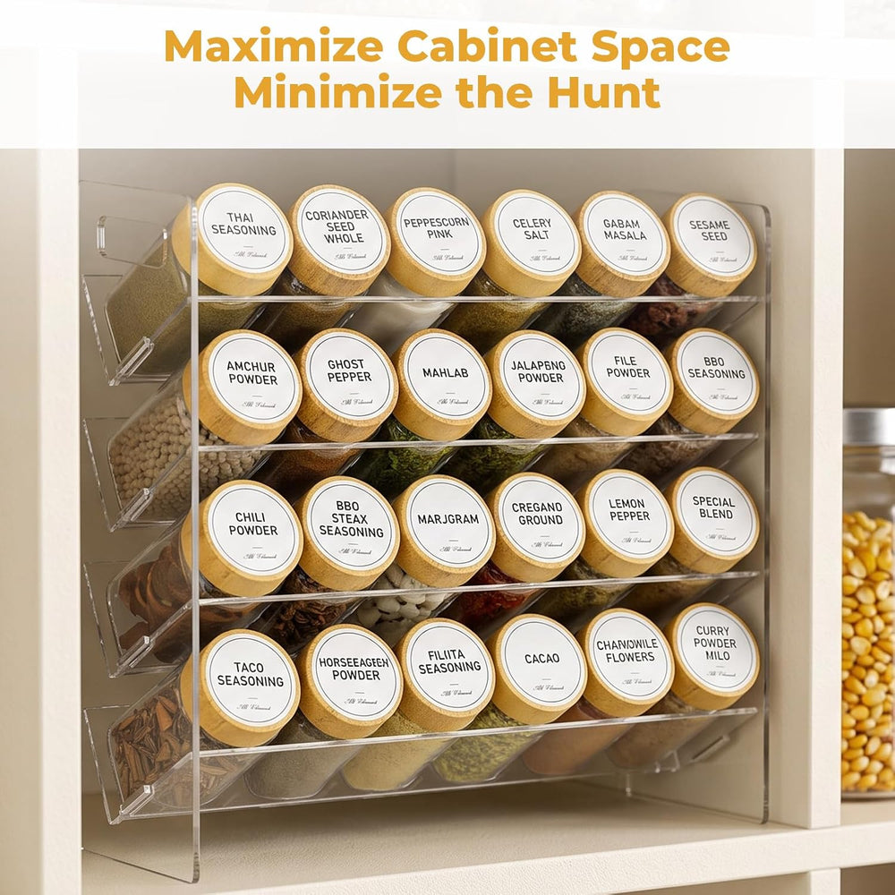 4-Tier Acrylic Spice Rack Organizer with 24 Glass Spice Jars and Wooden Lids,...