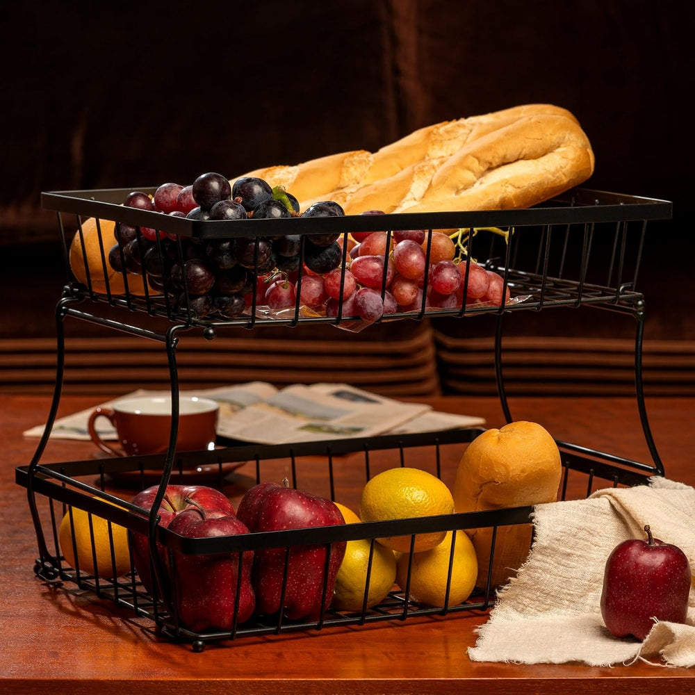 HOSY 2-Tier Metal Fruit Basket, 17-in Rectangle Black Standing Storage Rack