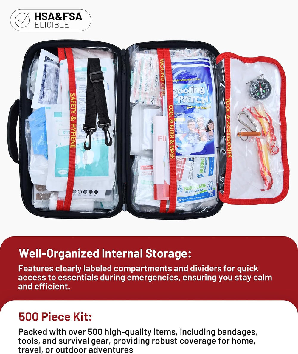 KAUGIC 500PCS Waterproof Hard Shell First Aid Kit, Travel