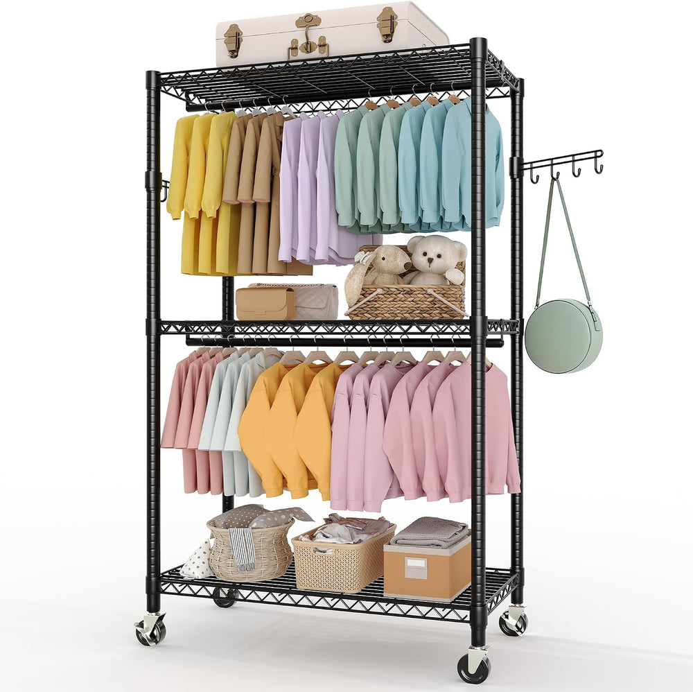 Garvee 3 Tier Clothes Rack with Wheels, Adjustable Shelves & 2 Hanging Ro...