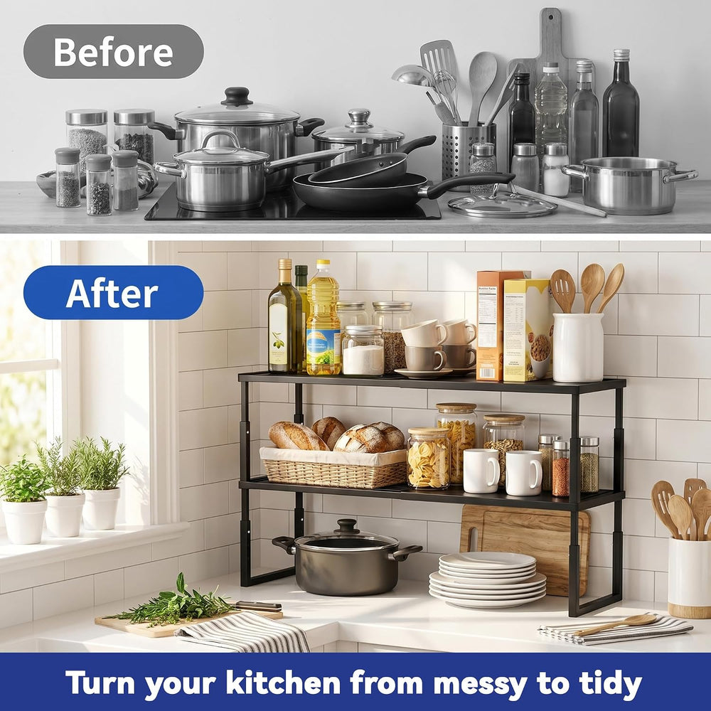 2 Packs Expandable Cabinet Shelf Organizer, Stackable Countertop Shelves