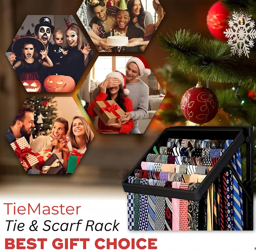 TieMaster Wall Mounted Tie Rack and Scarf Organizer with 5 Belt Hooks