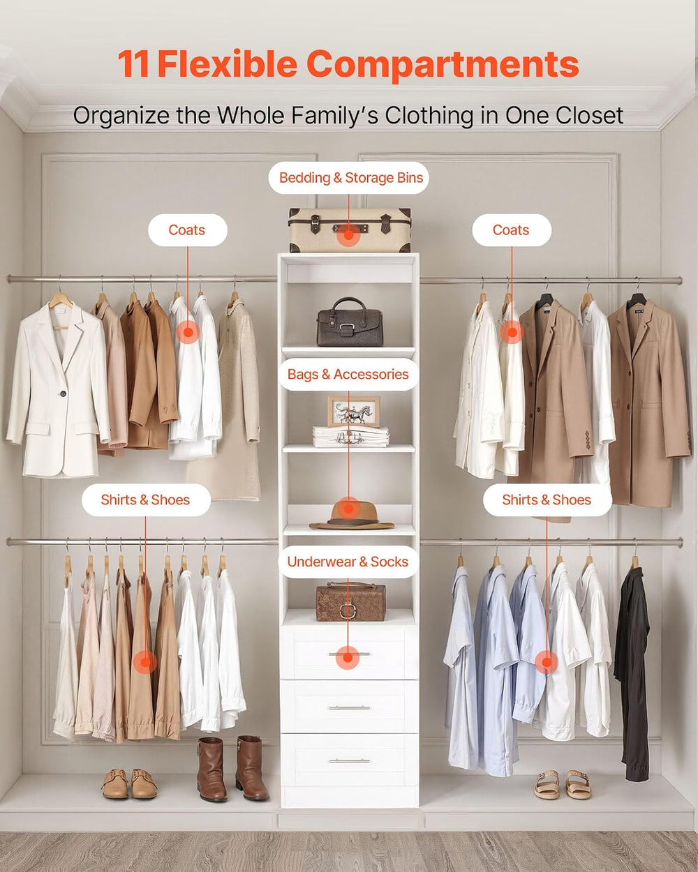 VEVOR Closet System with 3 Drawers, Adjustable Height Wooden Closet Organizer...