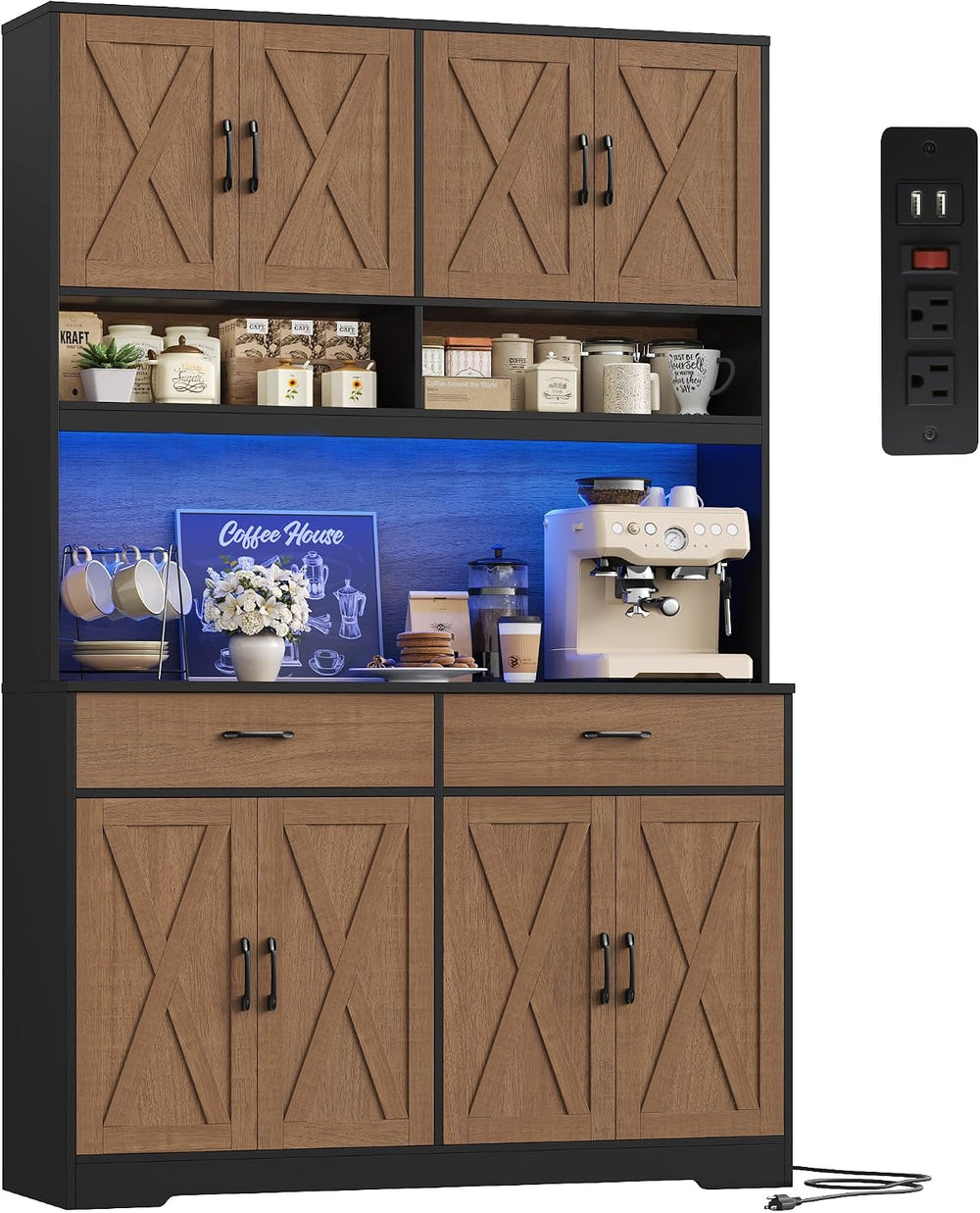HOSTACK 75" Tall Kitchen Pantry Storage Cabinet, 45"W Hutch, Brown/...