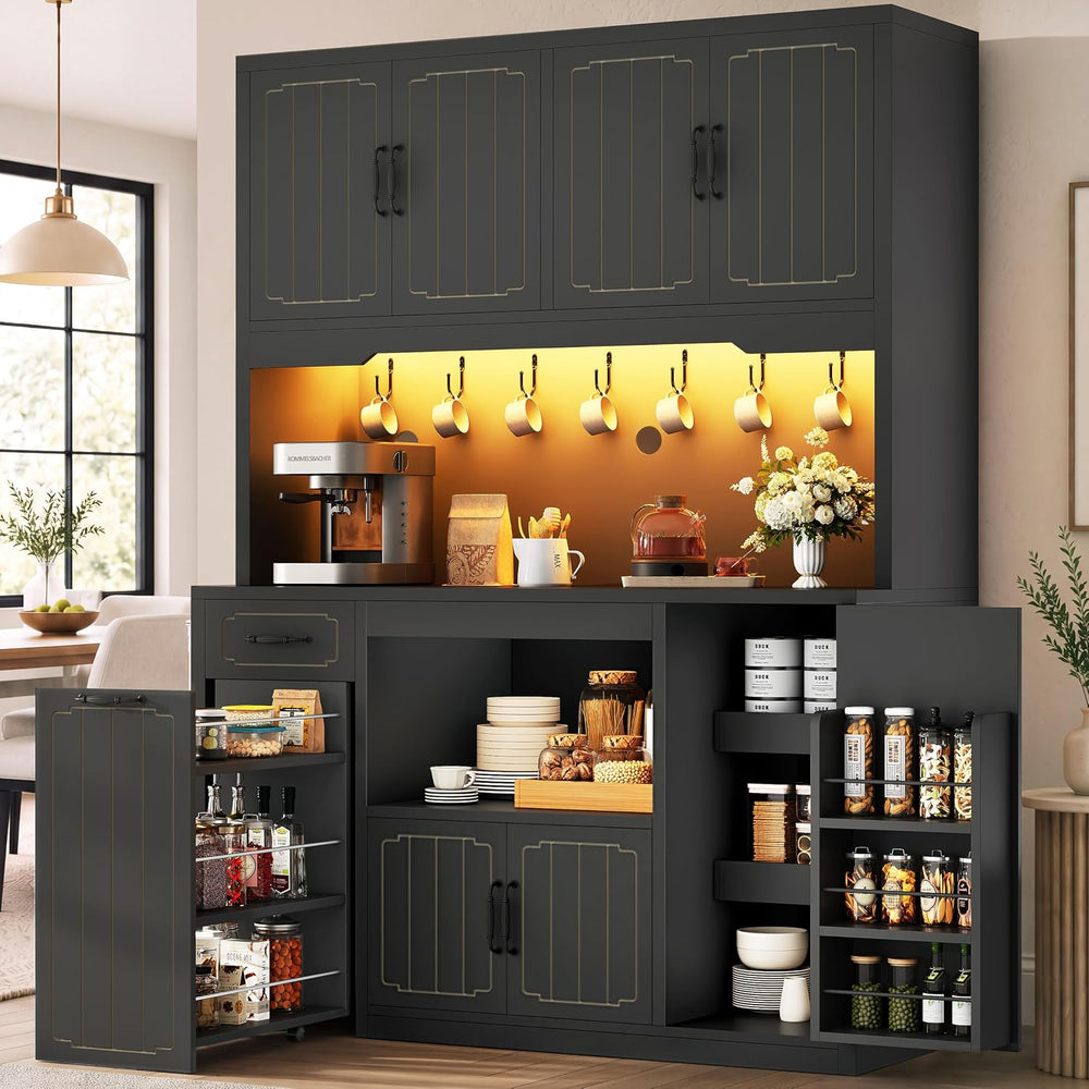 Fluted Kitchen Pantry Cabinet with Charging Station & LED Light, 47"...