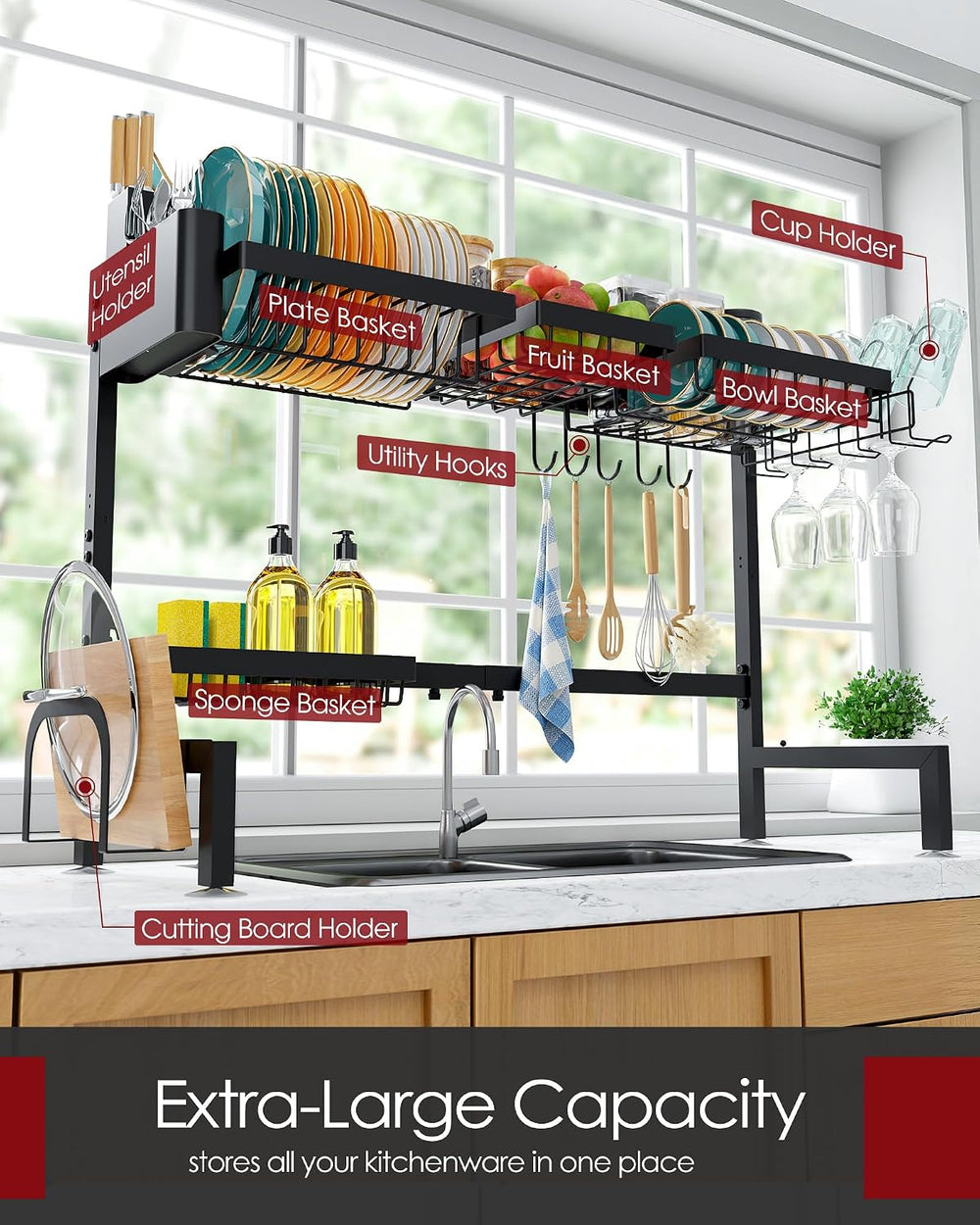 Sakugi Over The Sink Dish Drying Rack - Adjustable 2 Tier X-Large Capacity St...