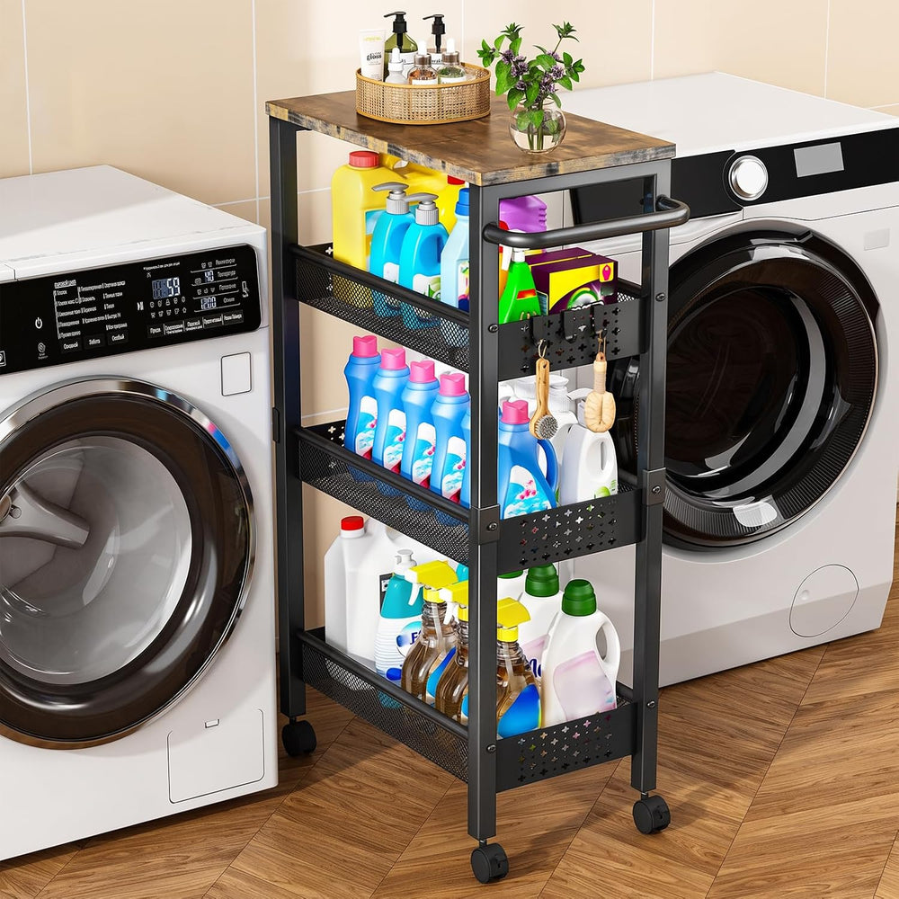 Slim Storage Cart with Wheels, 4 Tier Narrow Organizer, Metal Frame