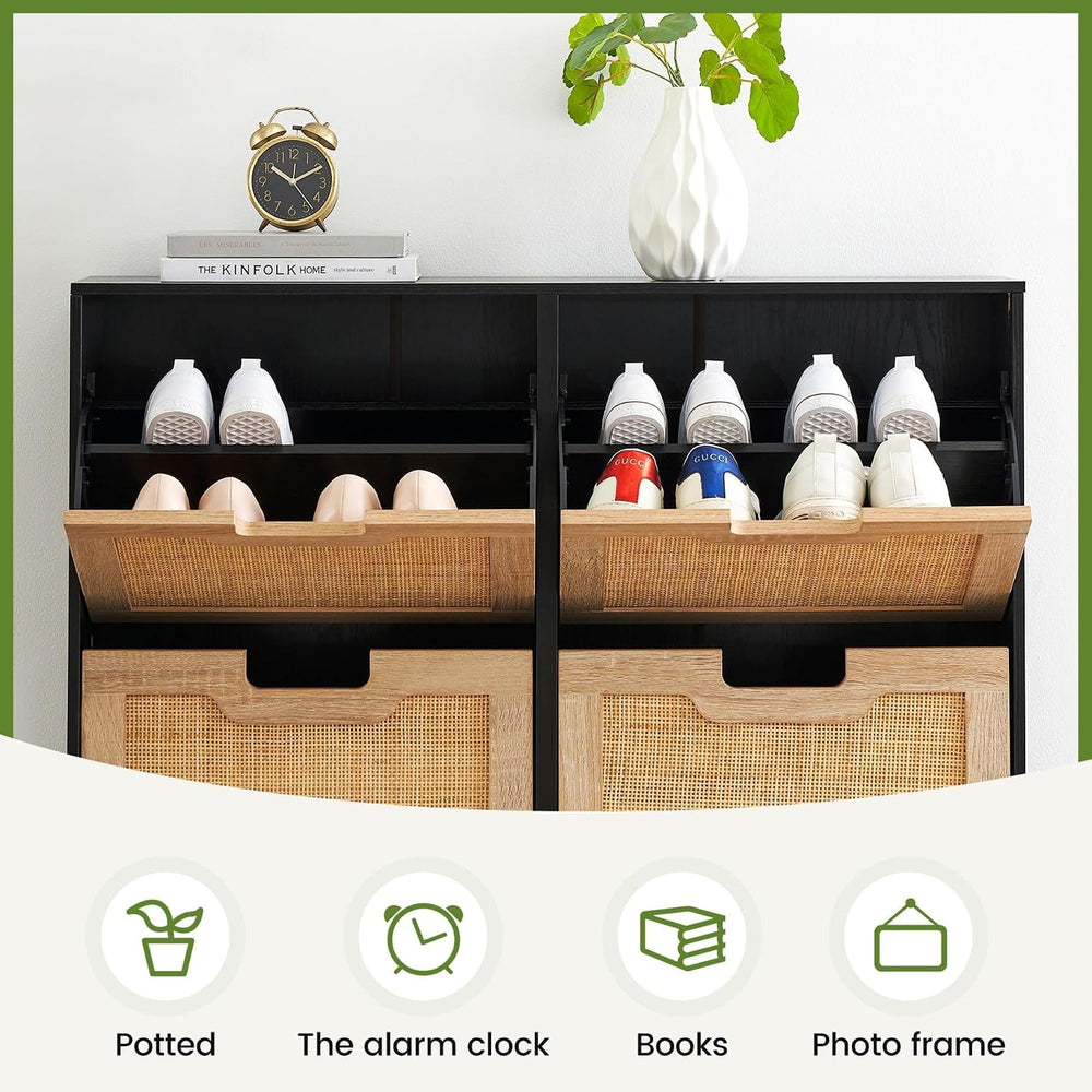IDEALHOUSE Natural Rattan 4 Flip Door Shoe Cabinet Organizer Freestanding, Mo...