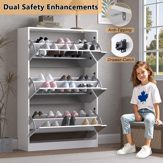 Shoe Cabinet with 3-Flip Mirror Drawers, Freestanding Shoe Rack Organizer with
