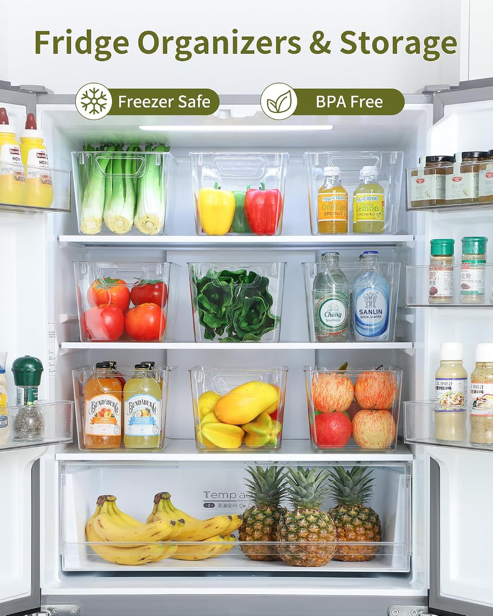 iCASA 6-Pack Clear Fridge Organizers and Storage Bins Container with Labels