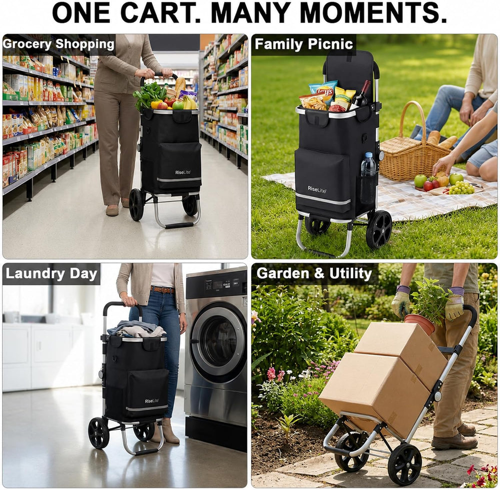 Lightweight Foldable Shopping Cart, 55L Grocery Cart with Cooler Pocket