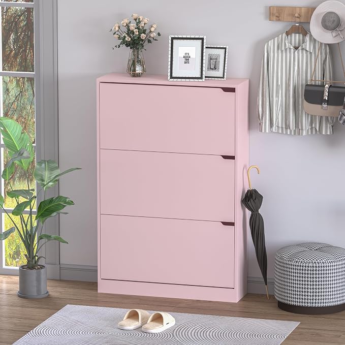 Shoe Cabinet with 3 Flip Drawers, Hidden Wood Shoe Cabinet, Freestanding Shoe