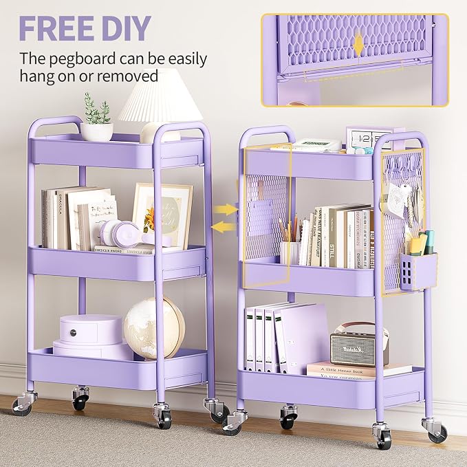 TOOLF 3 Tier Rolling Cart Storage Organizer, Metal Rolling Utility Cart