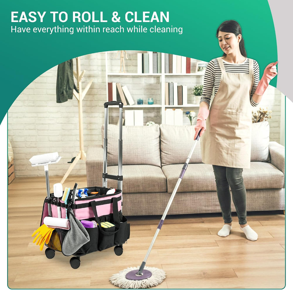 Rolling Cleaning Caddy Bag w/Detachable Trolley & Lid (Pink)