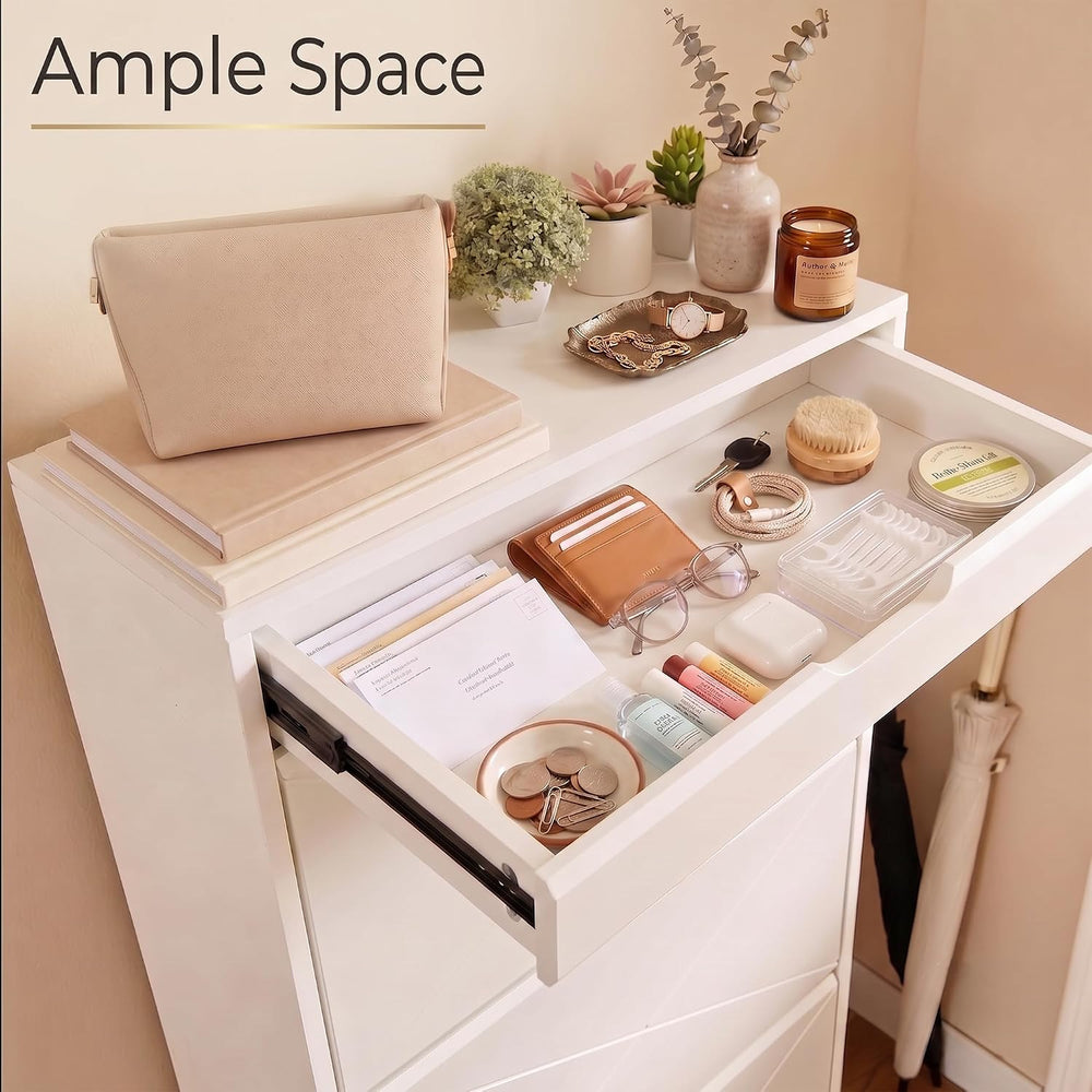 Slim White Shoe Cabinet with 3 Flip Drawers & X-Design for Entryway (21 P...