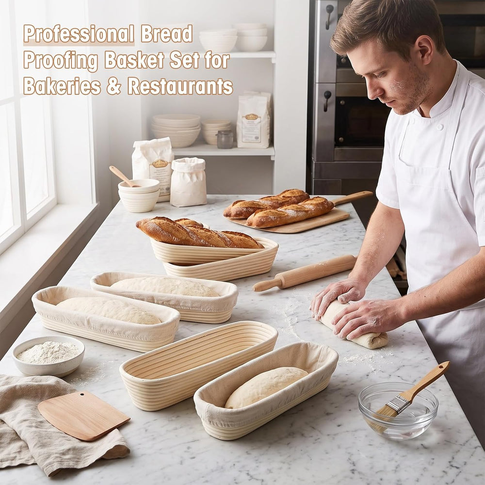 Vesici 15 Inches 10 Pack Baguette Banneton Proofing Basket with Linen Liner