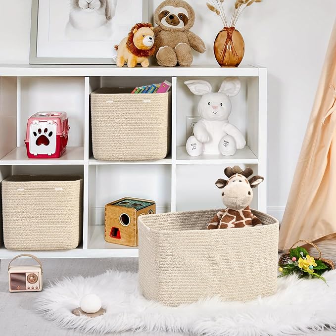 3-Pack Shelf Baskets for Organizing, Woven Storage Basket for Shelves, Cotton