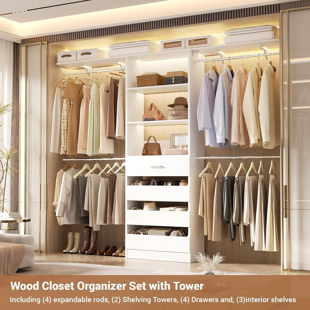 Aheaplus Closet System with 4 Drawers, 8FT Wood Closet Organizer System