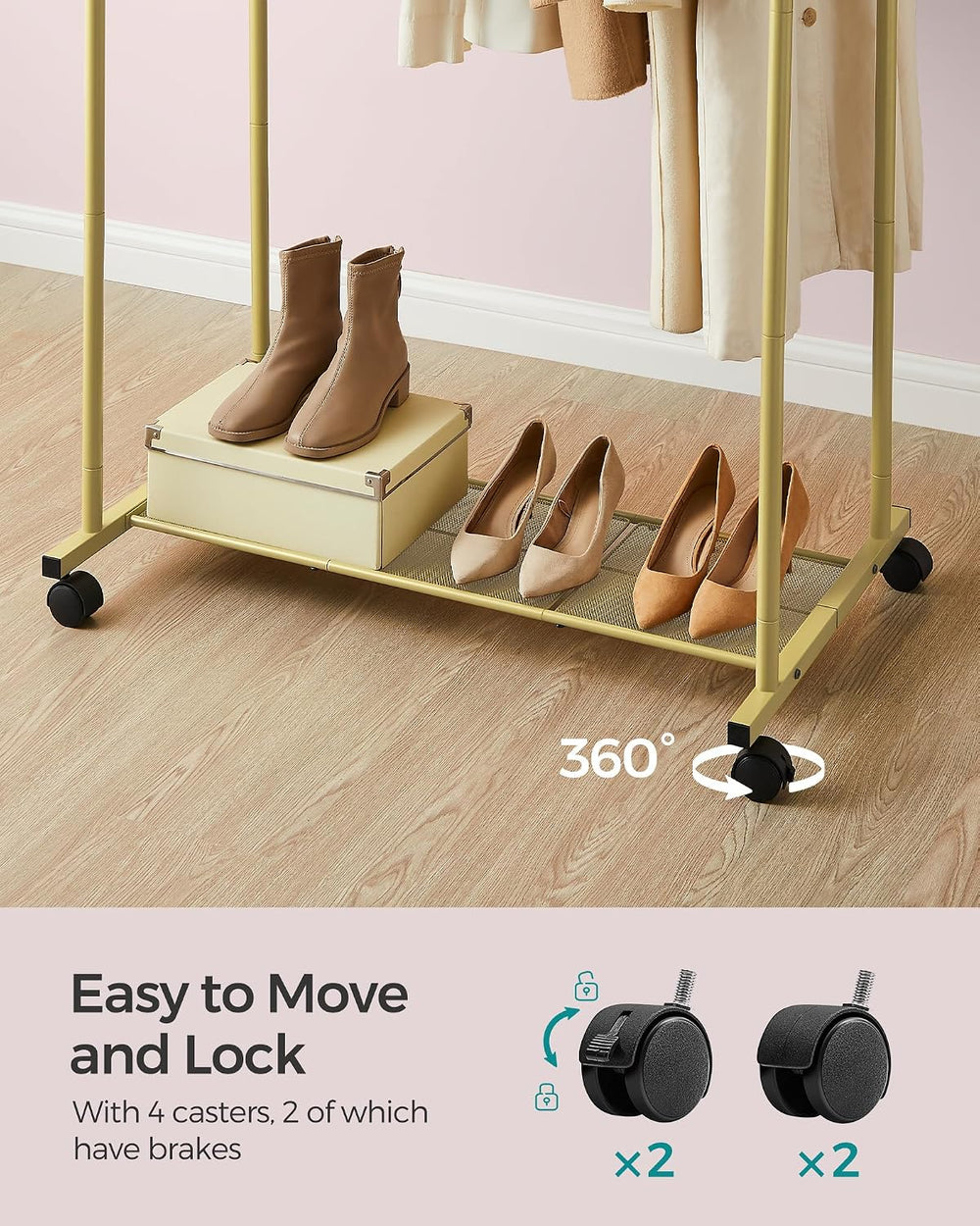 SONGMICS Double Rods Clothes Rack with Wheels, Clothing Rack for Hanging Clot...