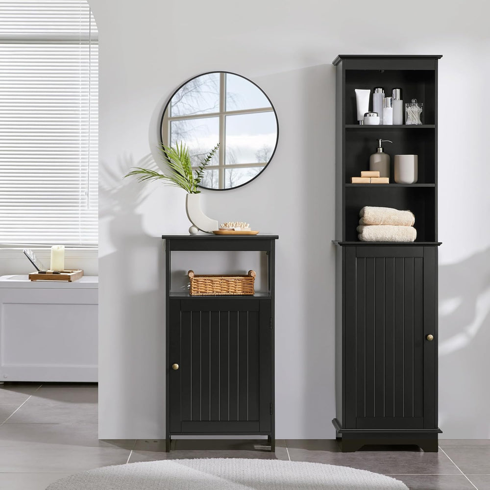 Yaheetech Small Bathroom Storage Cabinet with Door & Open Shelf, Black