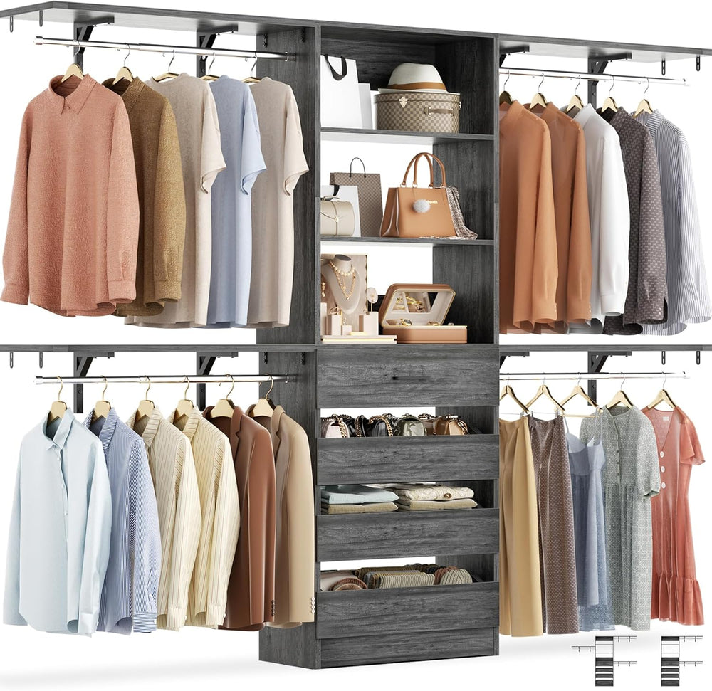 Aheaplus Closet System with 4 Drawers, 8FT Wood Closet Organizer System