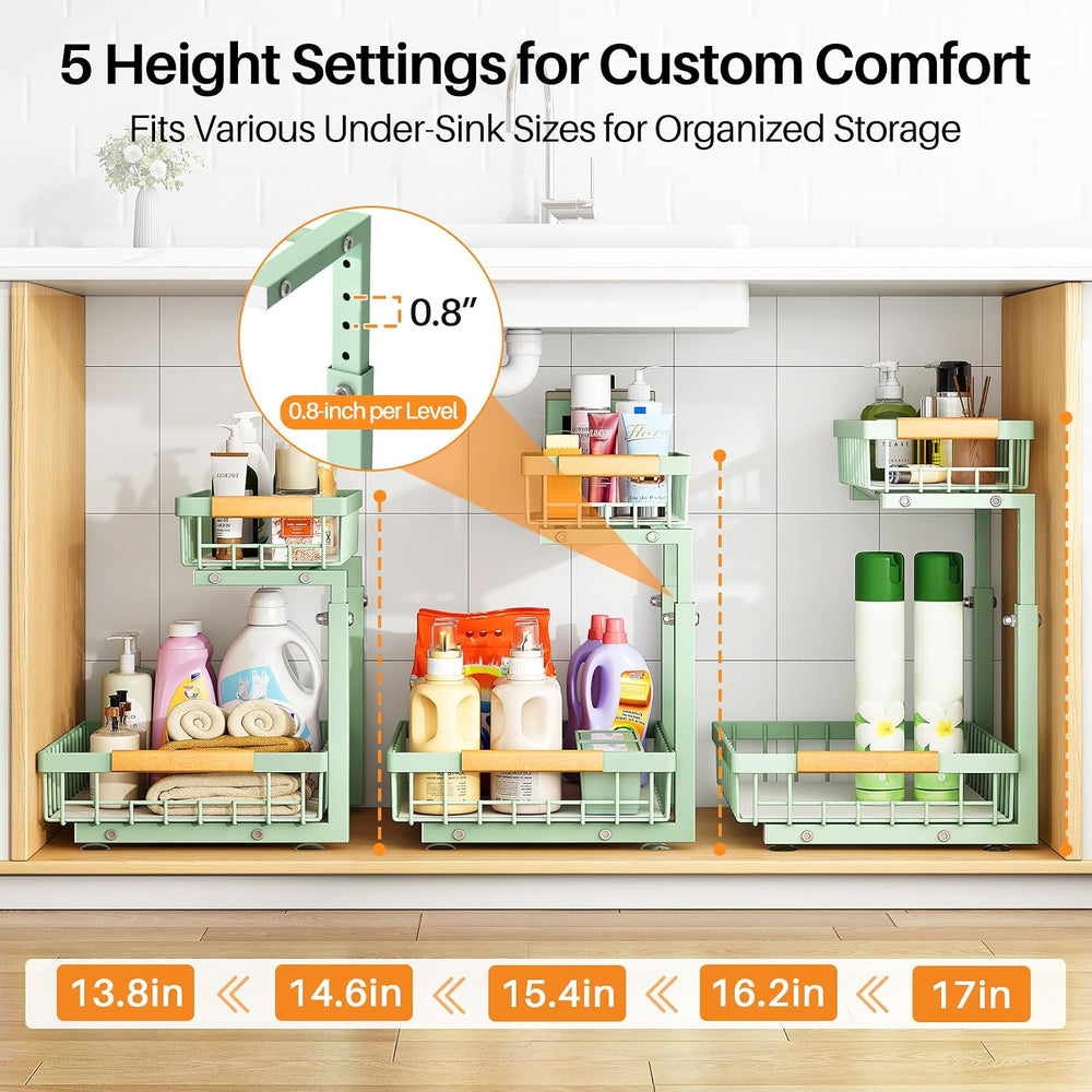 PXRACK Under Sink Organizer, Adjustable Height, 2 Tier Pull Out Under Cabinet...