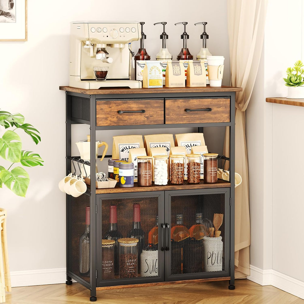 Coffee Bar Cabinet with Drawer - Coffee Stand Station with Removable Hooks, B...