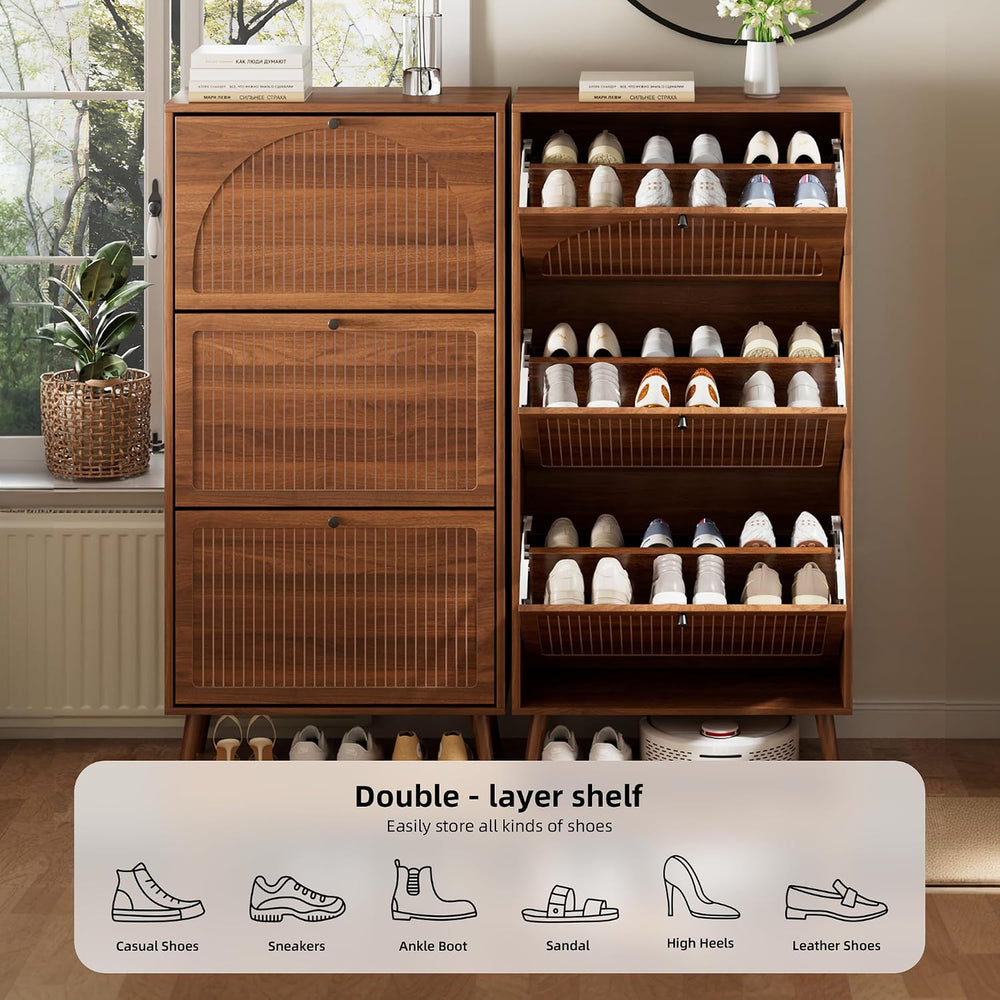 Fsbecl Shoe Storage Cabinet for Entryway with 3 Fluted Flip Drawers, Walnut