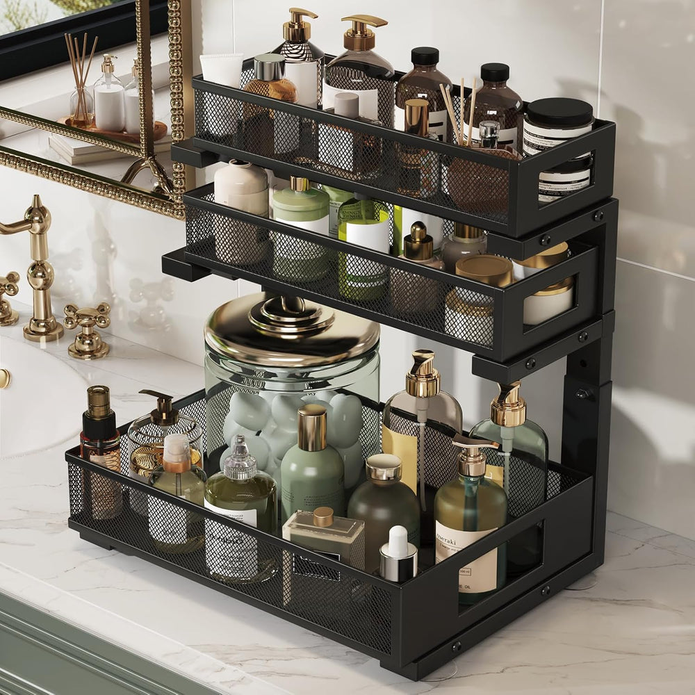 3-Tier Pull Out Under Sink Organizer,2-Pack Heavy Duty Metal Cabinet Organize...