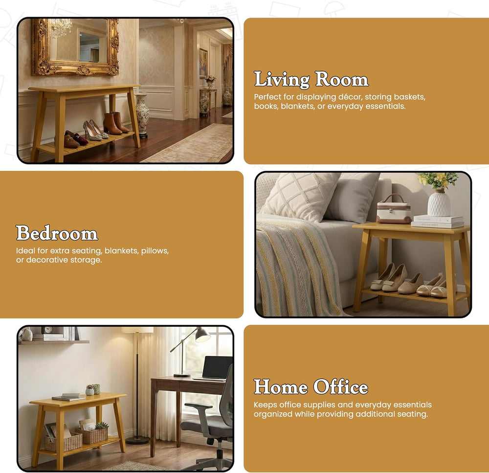 Kings Brand Wood Entryway Shoe Bench with Storage Shelf, Honey Mustard