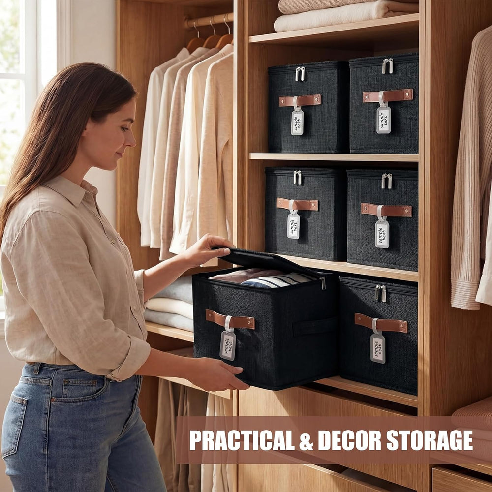 6 Pack Fabric Closet Storage Bins with Lids, 10×8×7 in, Black