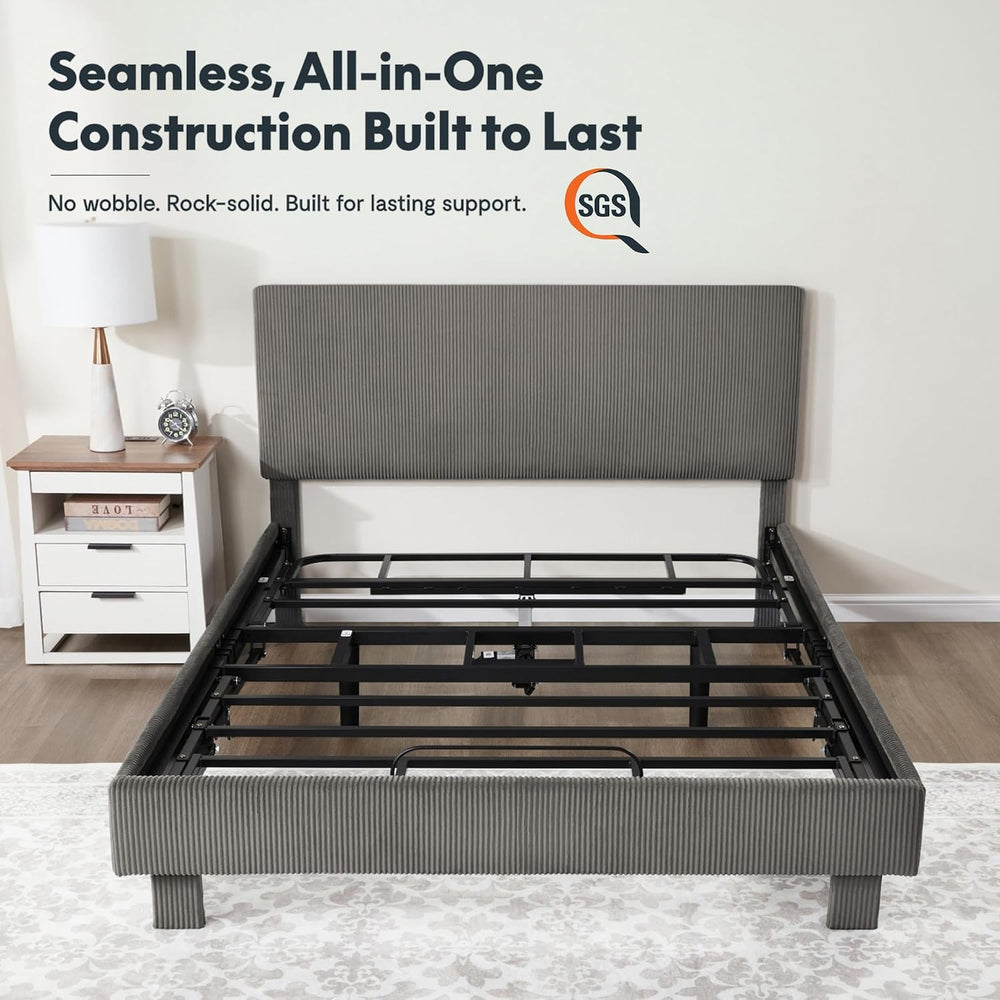 FLEXISPOT Queen Adjustable Bed with Velvet Upholstered Frame, Dark Grey