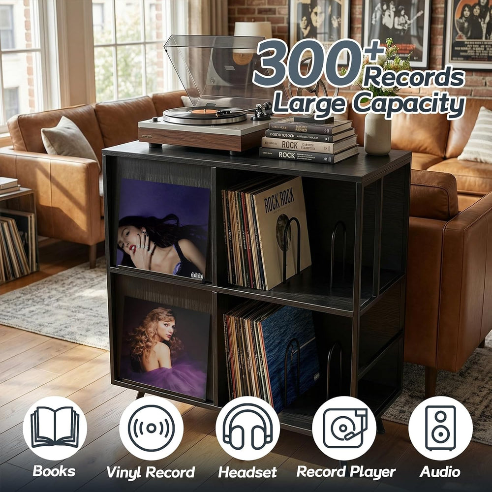 3 Tier Record Player Stand with Flip-Down Record Shelf, Black