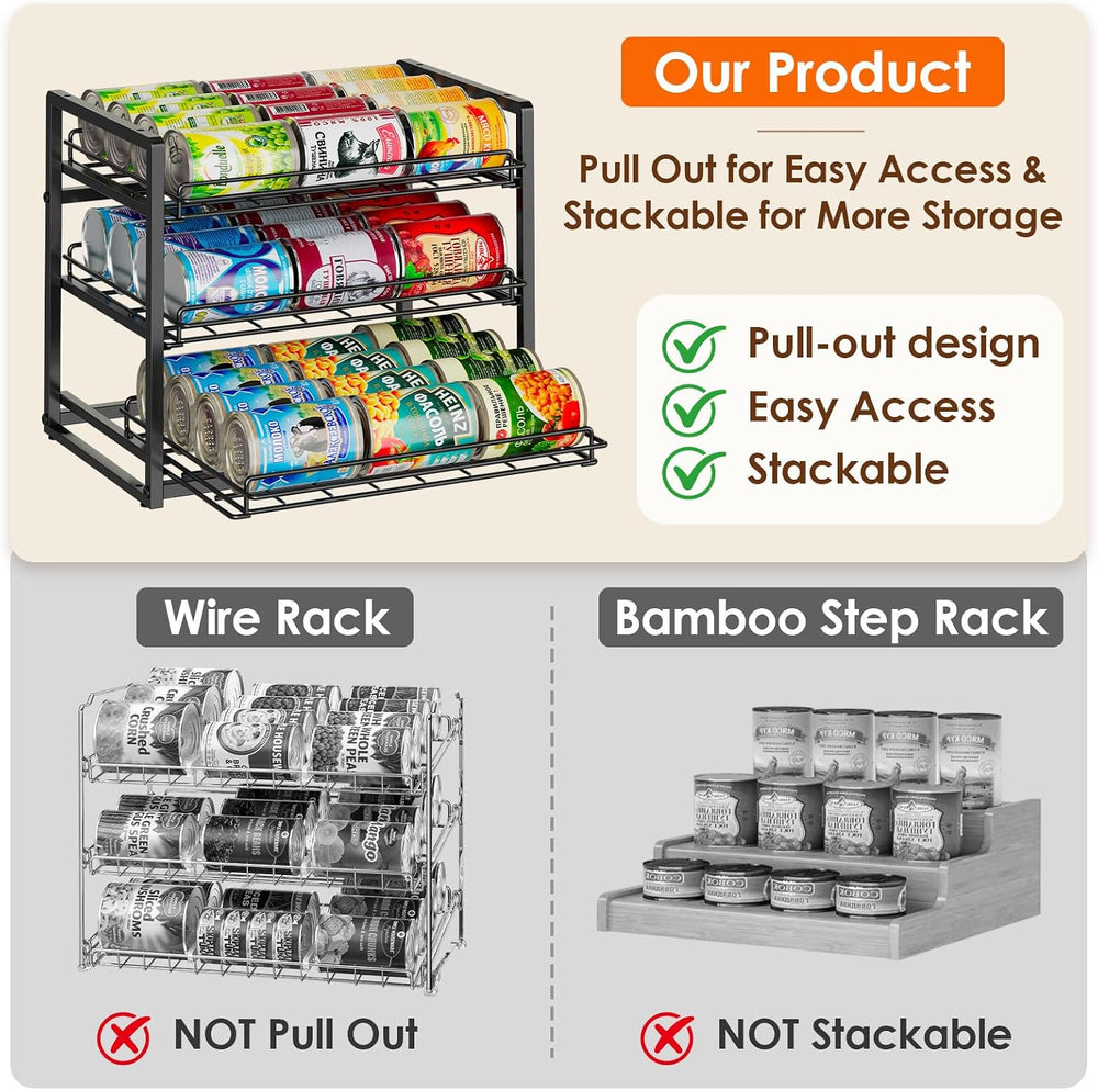 3-Tier Stackable Can Organizer for Pantry, Pull Out Can Rack, Black