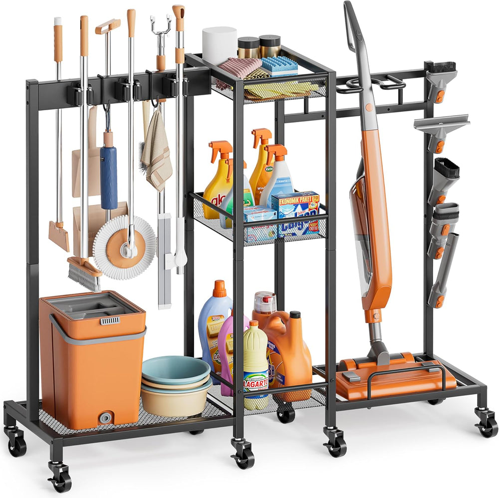 Broom Holder with Cleaning Supplies Organizer, Broom Closet Storage Cabinet