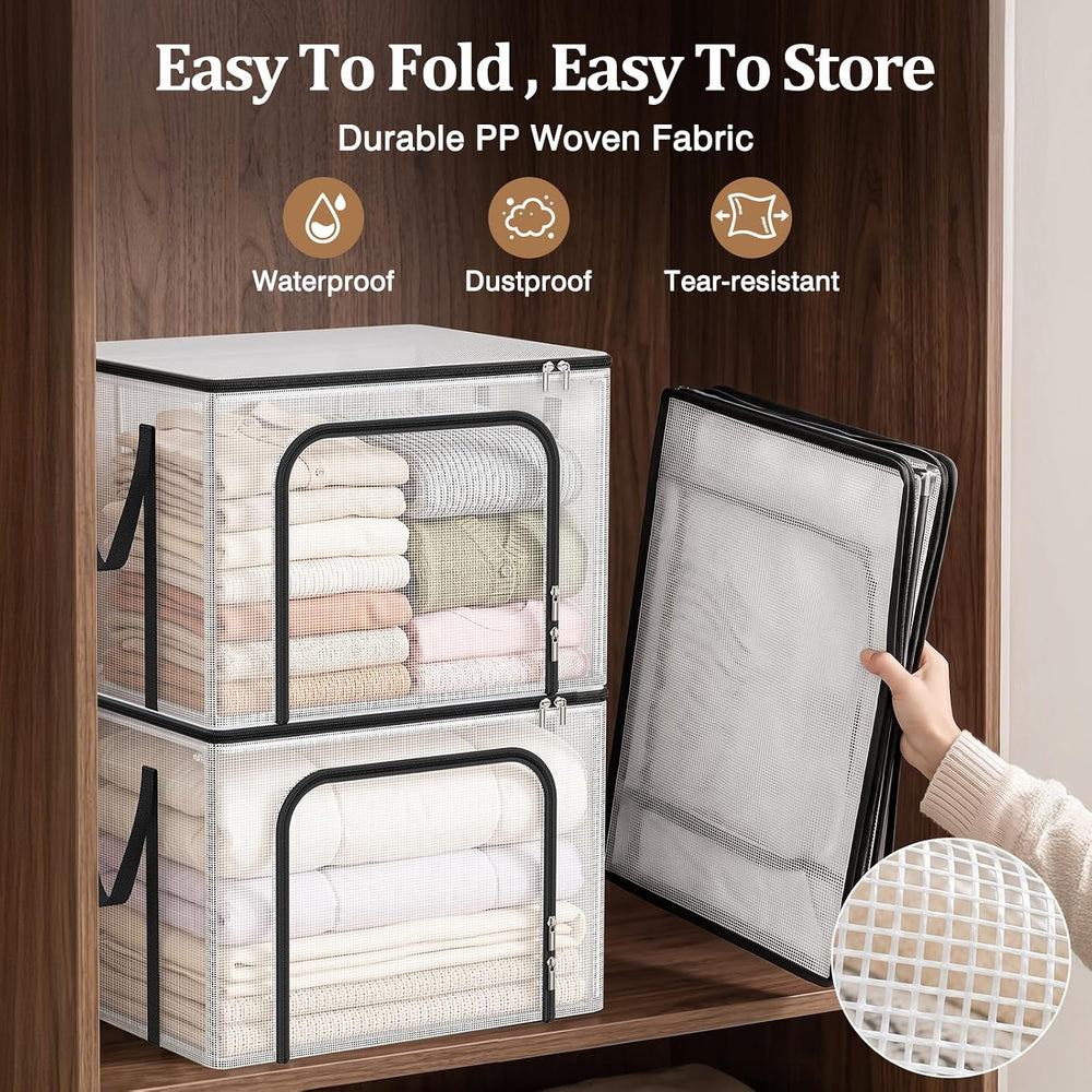 Clear Clothes Storage Bins with Metal Frame, Foldable Storage Boxes，3 Pack