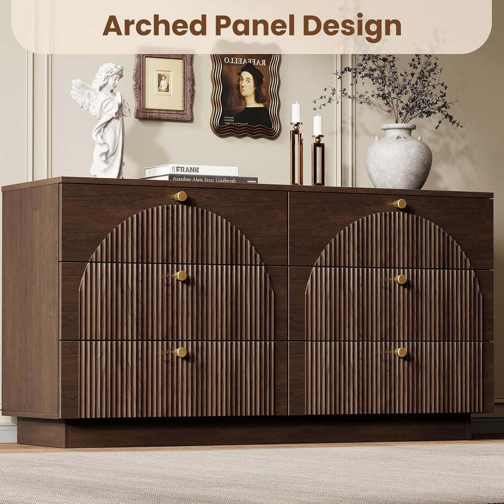 Arched Fluted Dresser for Bedroom with 6 Drawers 55.1" Wide Walnut