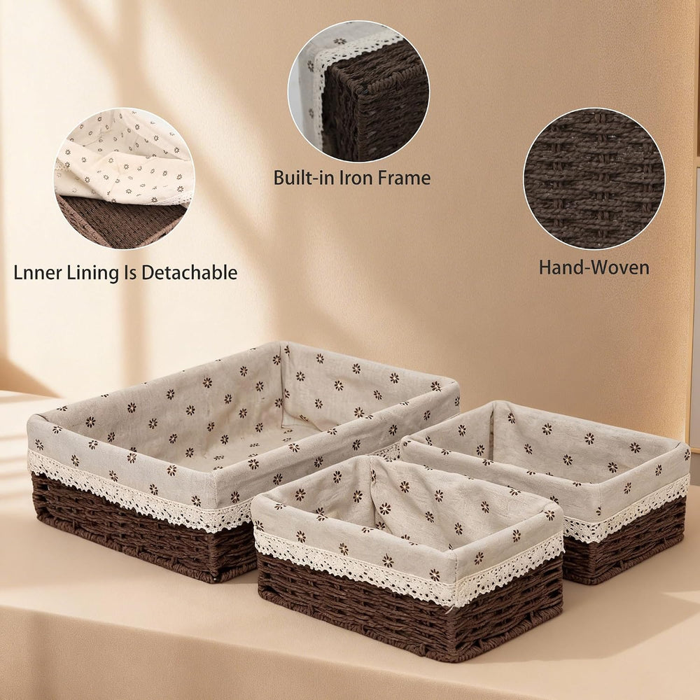 Set of 3 Dark Brown Woven Storage Basket for Drawers & Shelves