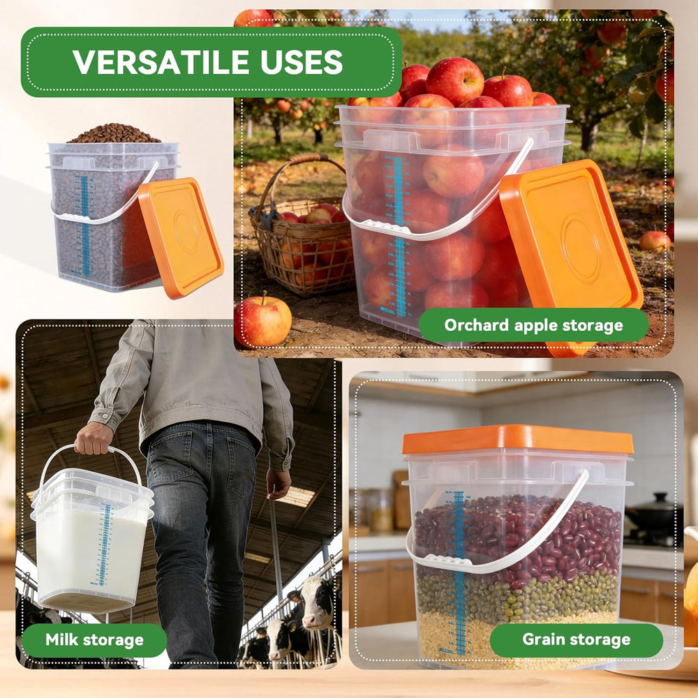5 Pack 5 Gallon Square Plastic Bucket with Lids and Graduation Marks, Food Gr...