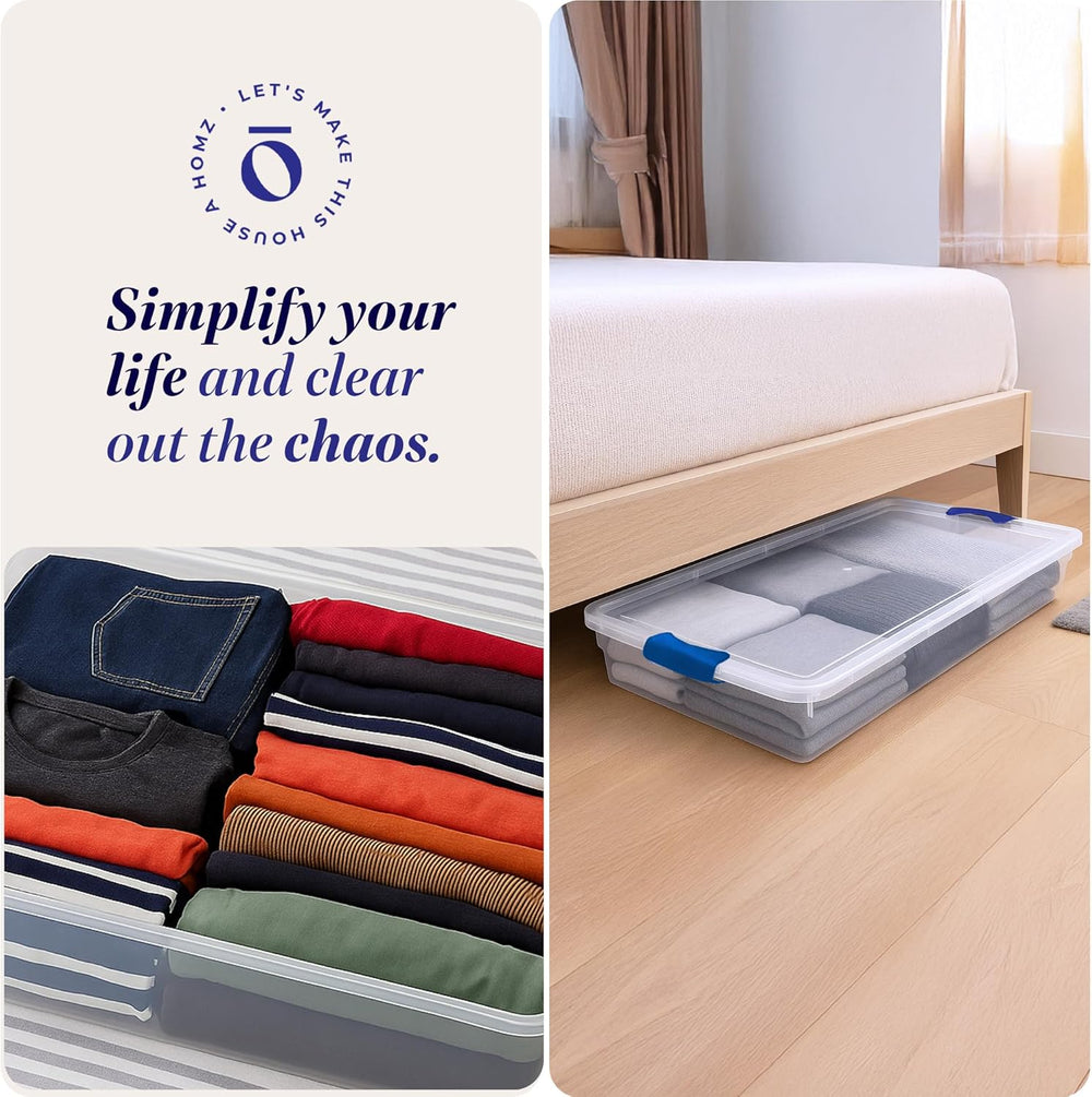 HOMZ Under Bed Clear Plastic Storage Bin w/Lid, 60 Qt, Blue Latch, 2 Pack