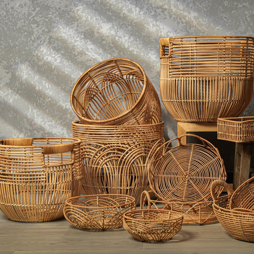 Set Of 2 Large Woven Blanket Baskets | Round Wicker Rattan Storage Floor Bask...