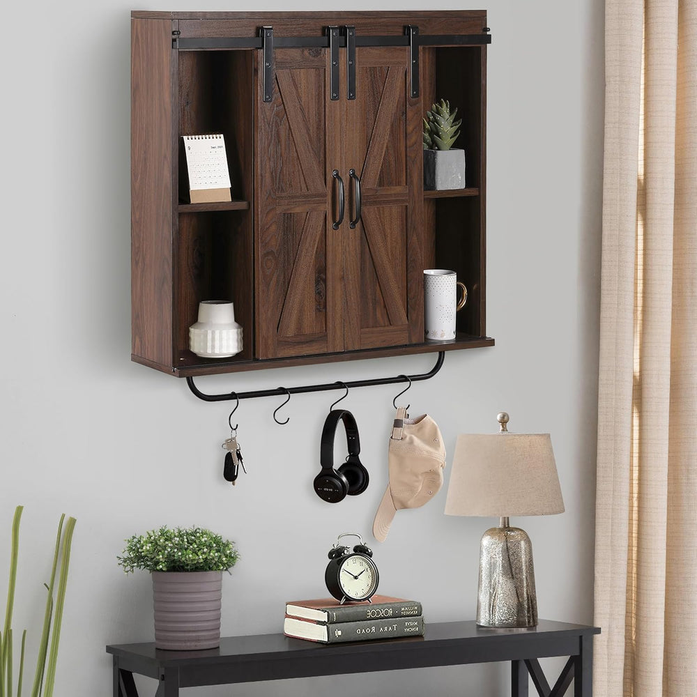 RUSTOWN Farmhouse Bathroom Wall Cabinet with Sliding Barn Door & Towel Rack