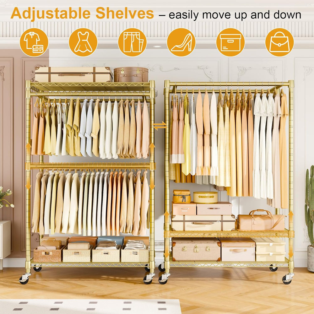 ULIFHOME Rolling Clothes Rack, Clothing Racks for Hanging Clothes, Gold