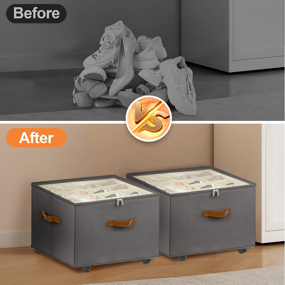 Foyego 2 Pack Shoe Organizer for Closet, Shoe Storage with Wheels, Gray