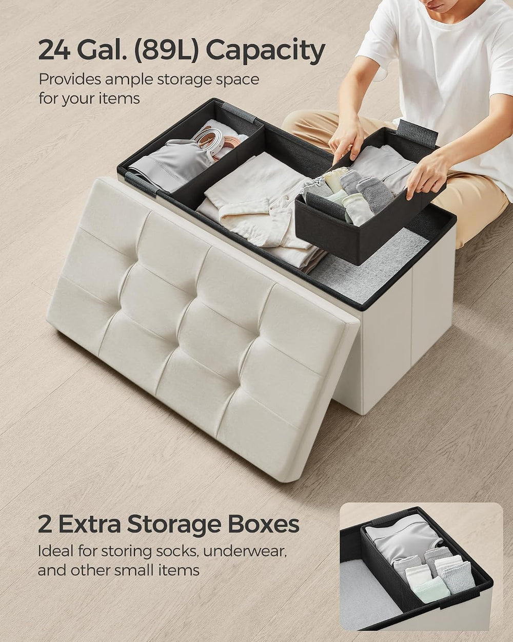 SONGMICS Storage Ottoman Bench, 30 Inches Velvet Foldable Foot Rest