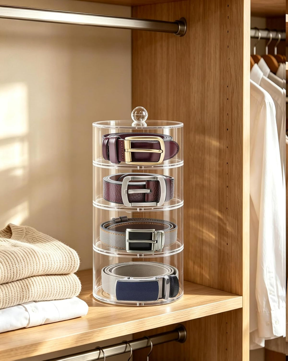 Belt Organizer, 4-Tier Acrylic with Dust Cover, for Closet, Clear
