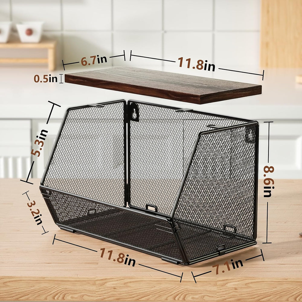 3-Pack Stackable Wire Basket with Wood Lid - Wall Mounted Fruit & Vegetab...